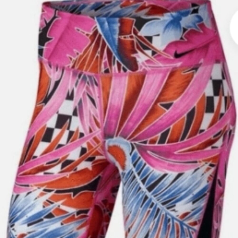 Nike dri fit fuchsia tropical print leggings size L and two sport bras size M